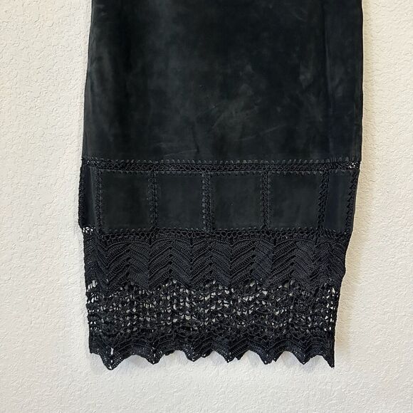 SAO PAULO Suede Midi Skirt Black Crochet Trim Retro Gothic 90s - Picture 5 of 11